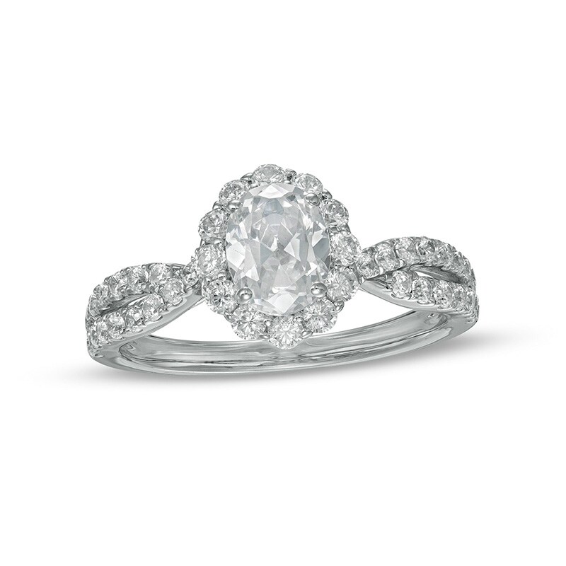 Previously Owned - 1.30 CT. T.W. Oval Diamond Ornate Frame Vintage-Style Engagement Ring in 14K White Gold (I/I1)