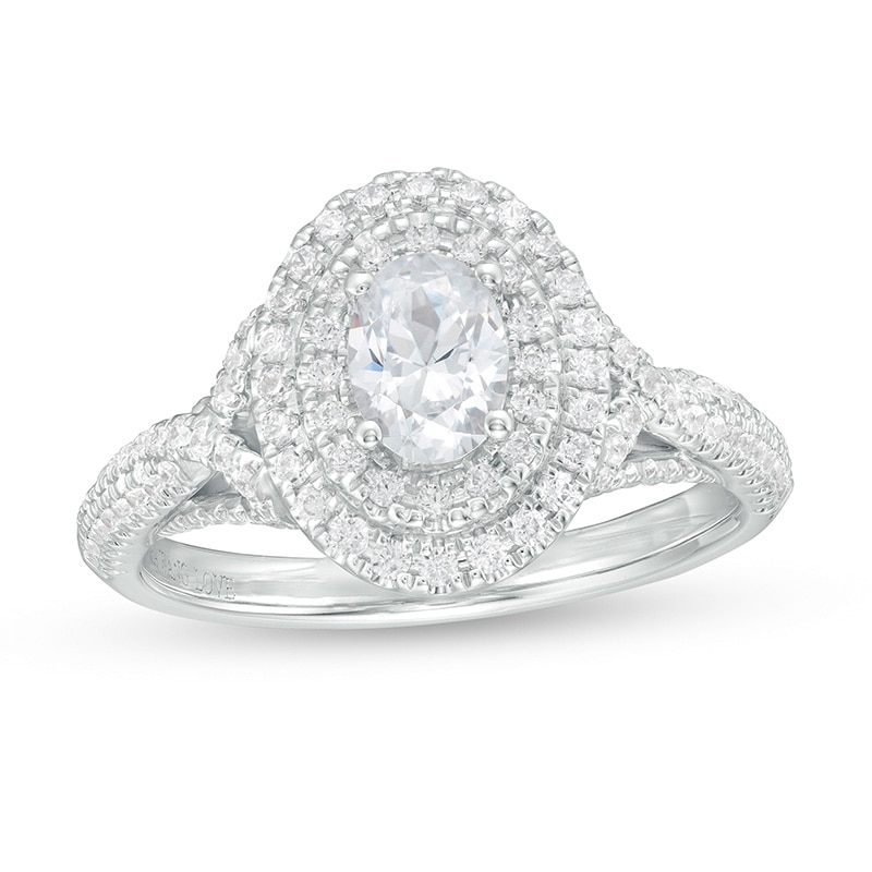 Previously Owned - Vera Wang Love Collection 1.06 CT. T.W. Oval Diamond Double Frame Engagement Ring in 14K White Gold