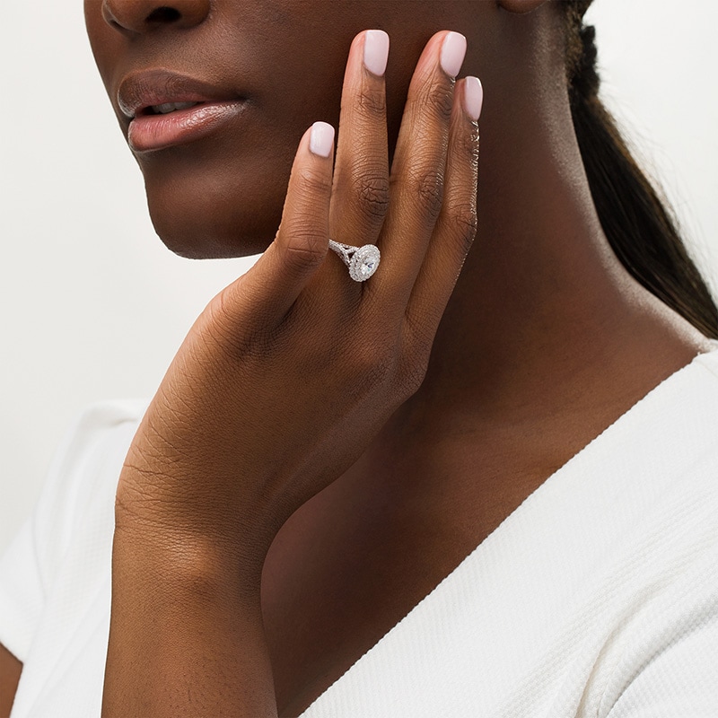 Previously Owned - Vera Wang Love Collection 1.06 CT. T.W. Oval Diamond Double Frame Engagement Ring in 14K White Gold