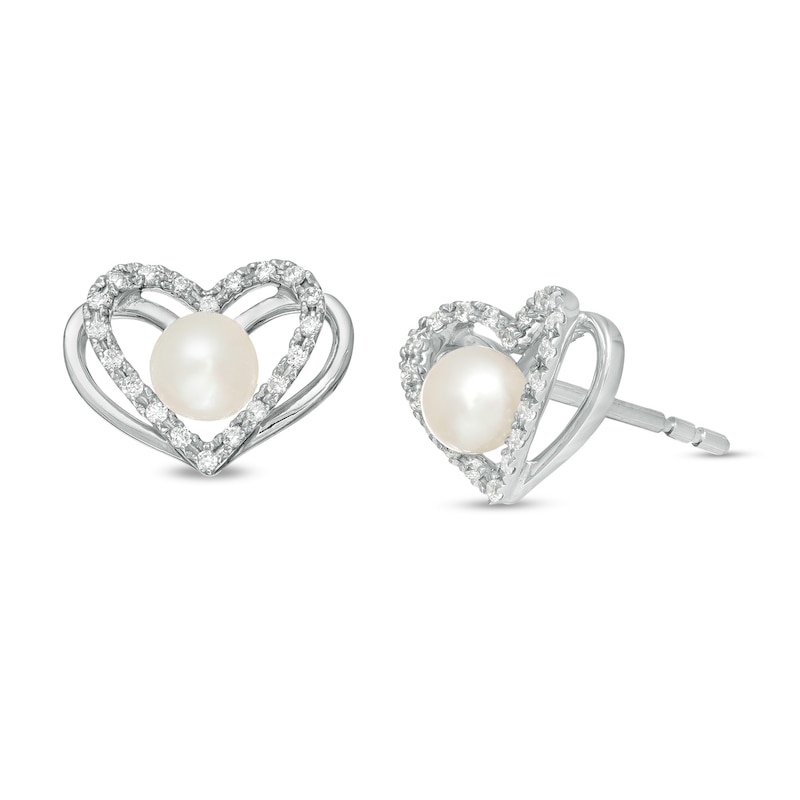 Previously Owned - The Kindred Heart from Vera Wang Love Collection Freshwater Cultured Pearl and Diamond Stud Earrings in Sterling Silver