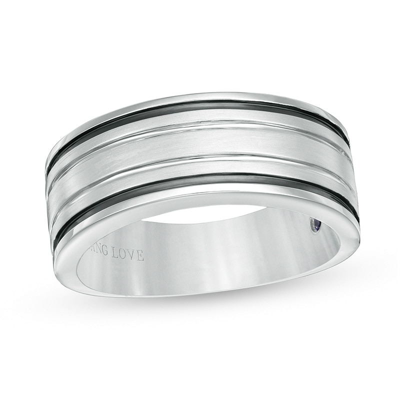 Previously Owned - Vera Wang Men's Grooved Wedding Band in 14K White Gold and Black Rhodium