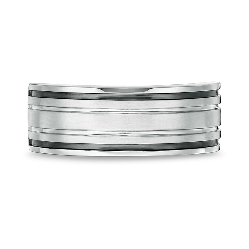 Previously Owned - Vera Wang Men's Grooved Wedding Band in 14K White Gold and Black Rhodium