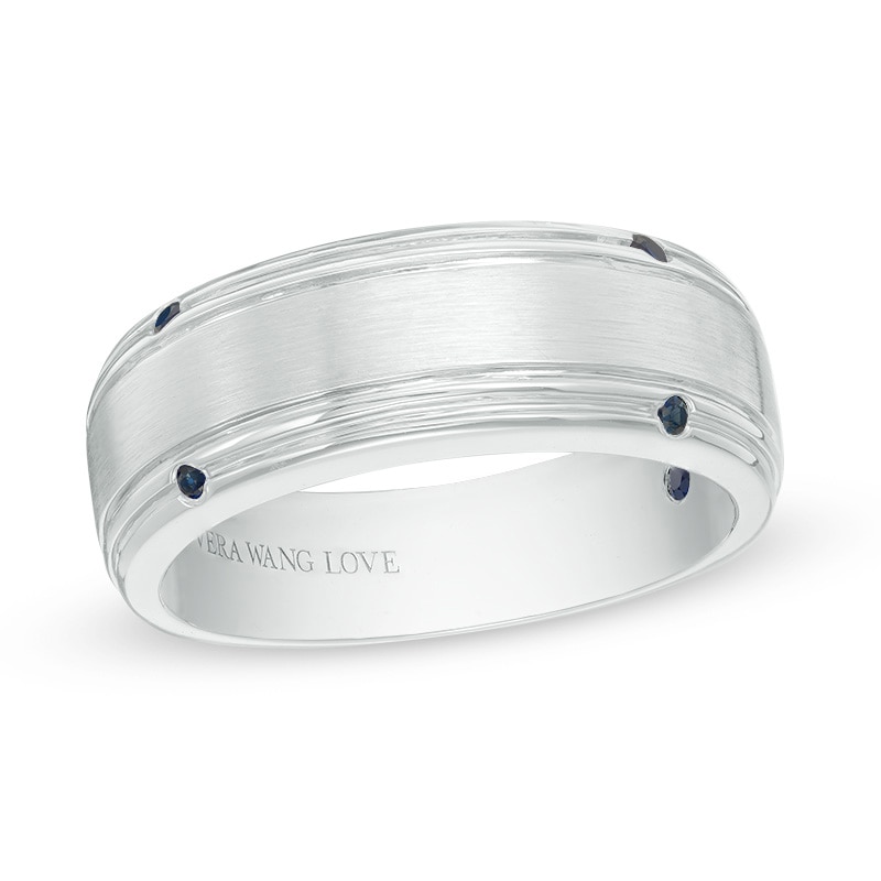 Previously Owned - Vera Wang Men's Blue Sapphire Four Stone Wedding Band in 14K White Gold