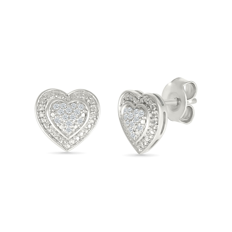 Main Image 2 of 0.115 CT. T.W. Multi-Diamond Domed Heart Frame Stud Earrings in Sterling Silver
