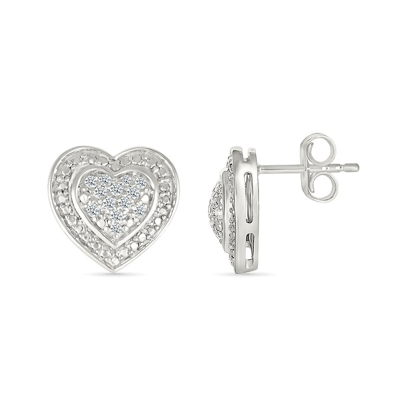 Main Image 3 of 0.115 CT. T.W. Multi-Diamond Domed Heart Frame Stud Earrings in Sterling Silver