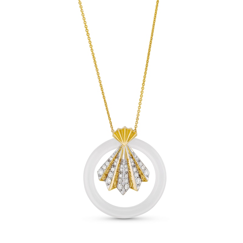 Main Image 1 of White Jade and 0.40 CT. T.W. Diamond Circle Fan Pendant in 14K Gold