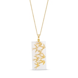 Rectangle White Jade with Birds in Flight Drop Pendant in 14K Gold