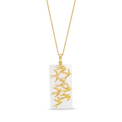 Rectangle White Jade with Birds in Flight Drop Pendant in 14K Gold