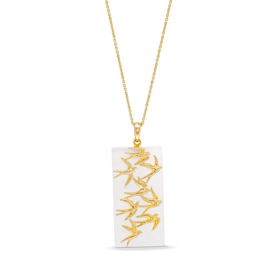 Rectangle White Jade with Birds in Flight Drop Pendant in 14K Gold