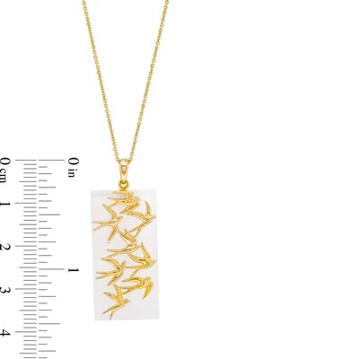 Rectangle White Jade with Birds in Flight Drop Pendant in 14K Gold
