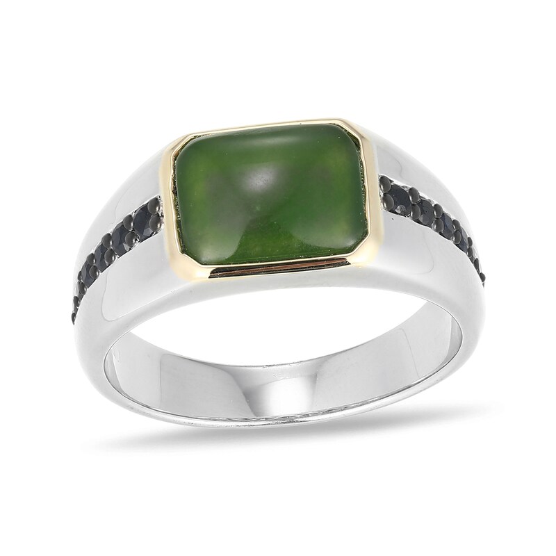 Main Image 2 of Emerald-Cut Jade and Black Sapphire Signet Ring in Sterling Silver and 10K Gold