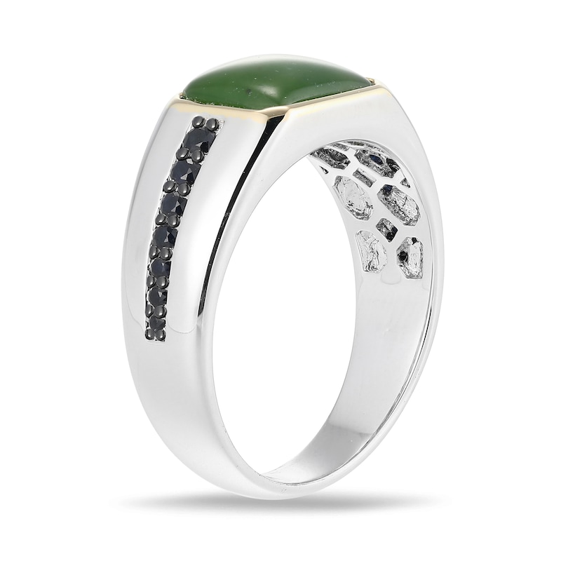 Main Image 3 of Emerald-Cut Jade and Black Sapphire Signet Ring in Sterling Silver and 10K Gold