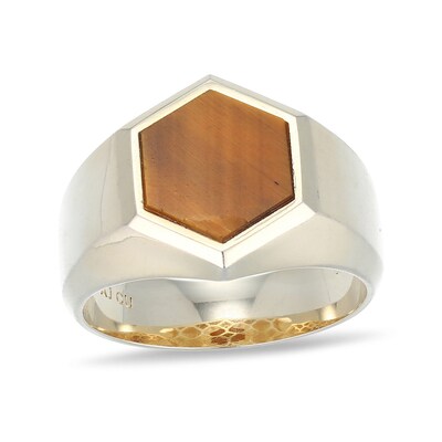 Hexagon Tiger's Eye Solitaire Signet Ring in 10K Gold