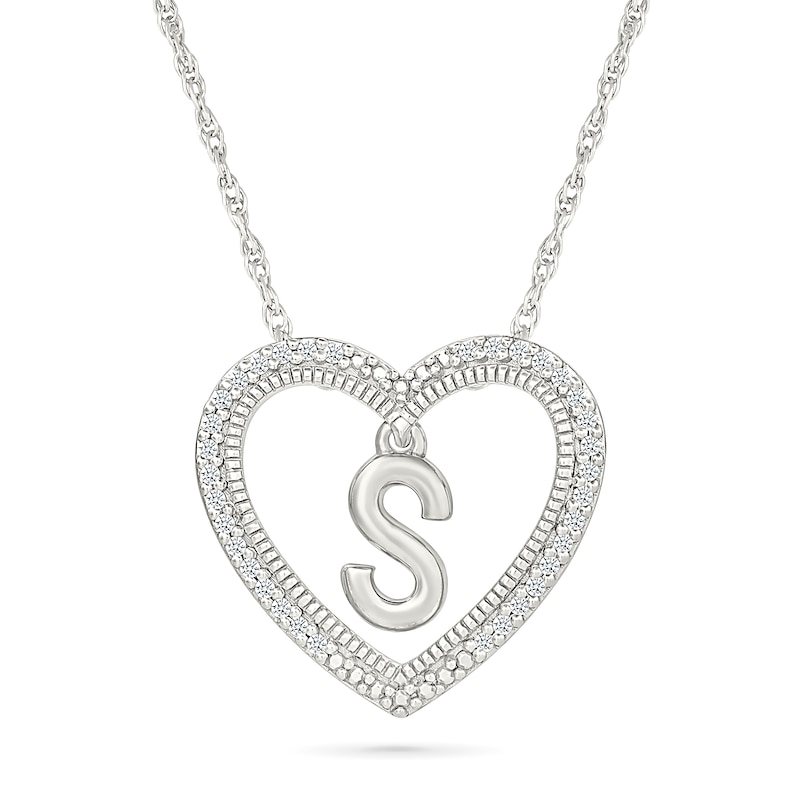 Main Image 1 of 0.085 CT. T.W. Diamond "S" Initial Dangle Heart Necklace in Sterling Silver