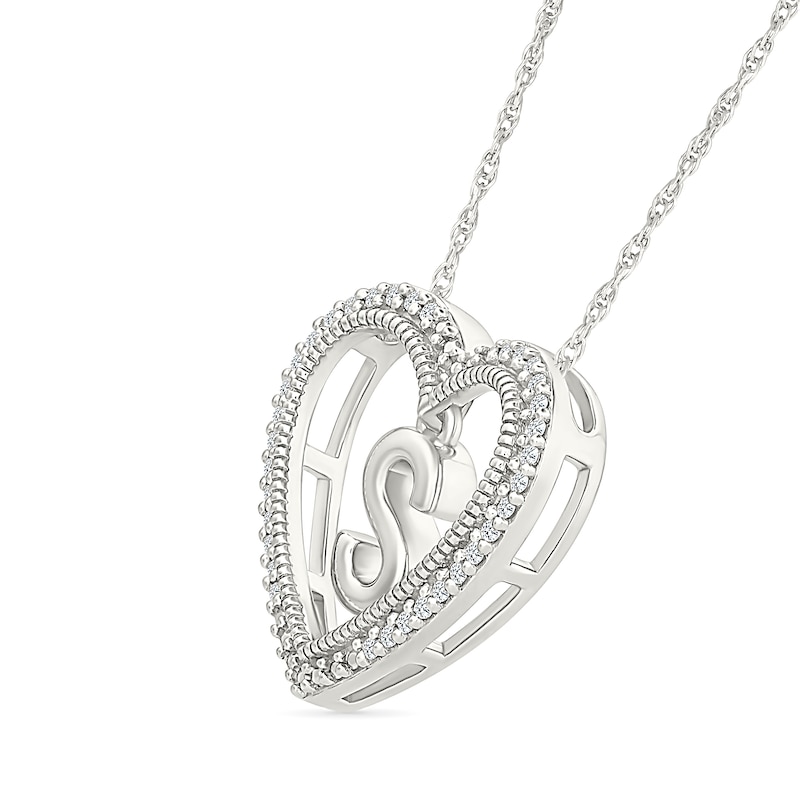 Main Image 2 of 0.085 CT. T.W. Diamond "S" Initial Dangle Heart Necklace in Sterling Silver