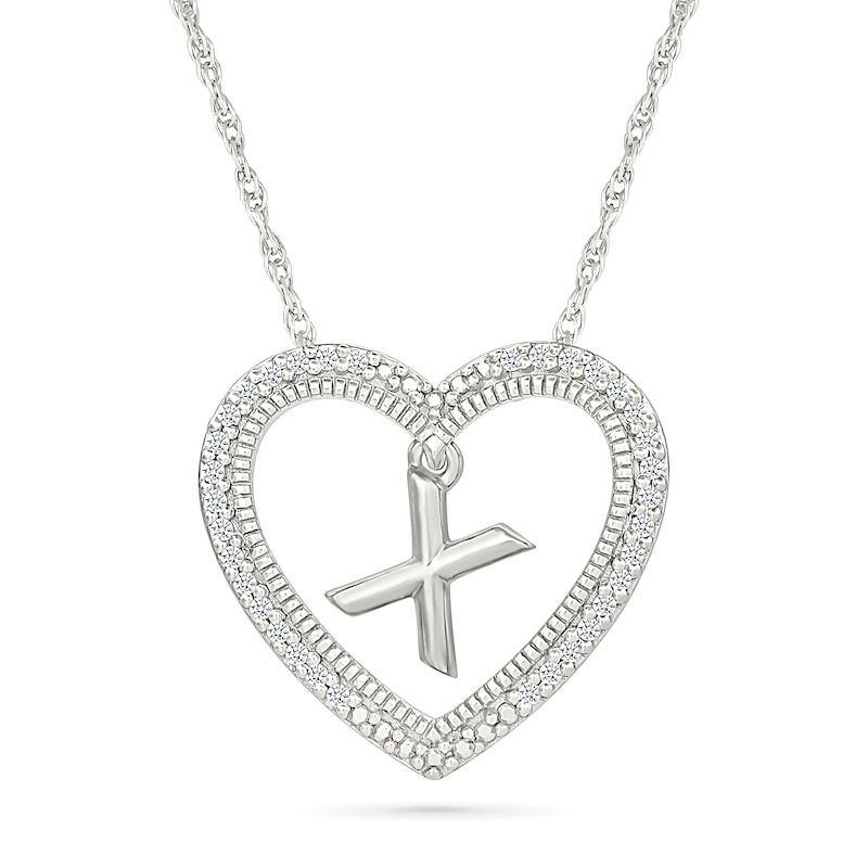 Main Image 1 of 0.085 CT. T.W. Diamond "X" Initial Dangle Heart Necklace in Sterling Silver