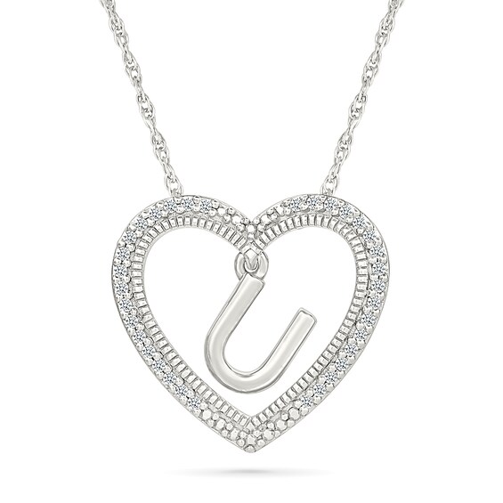 0.085 CT. T.W. Diamond "U" Initial Dangle Heart Necklace in Sterling Silver