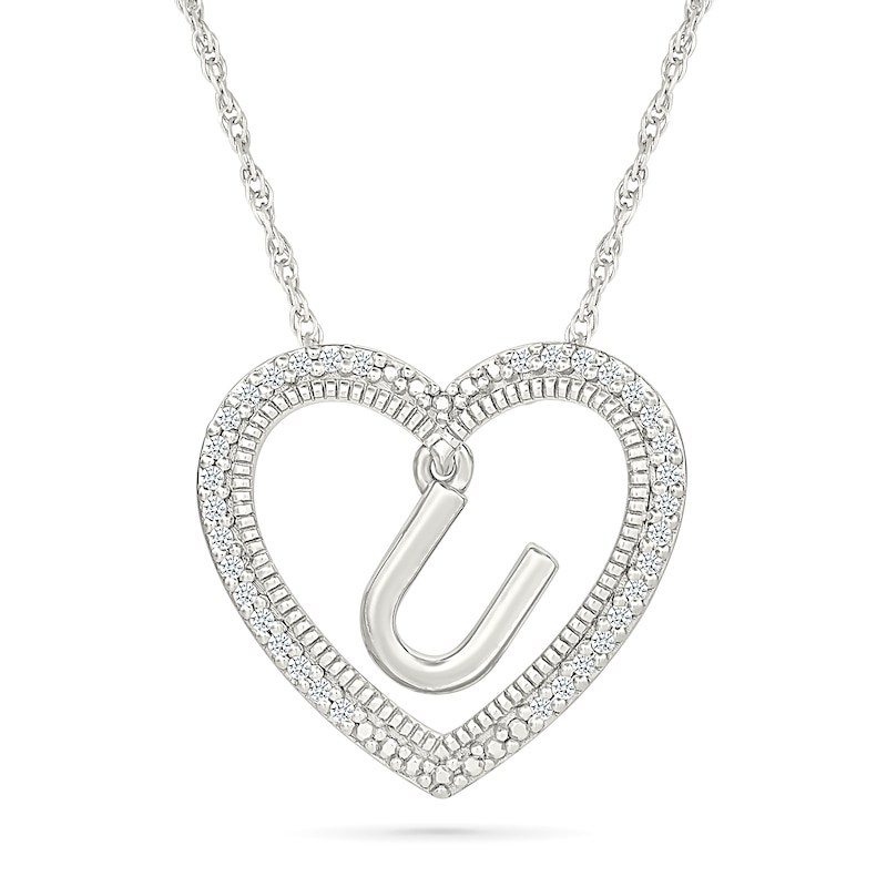 Main Image 1 of 0.085 CT. T.W. Diamond "U" Initial Dangle Heart Necklace in Sterling Silver