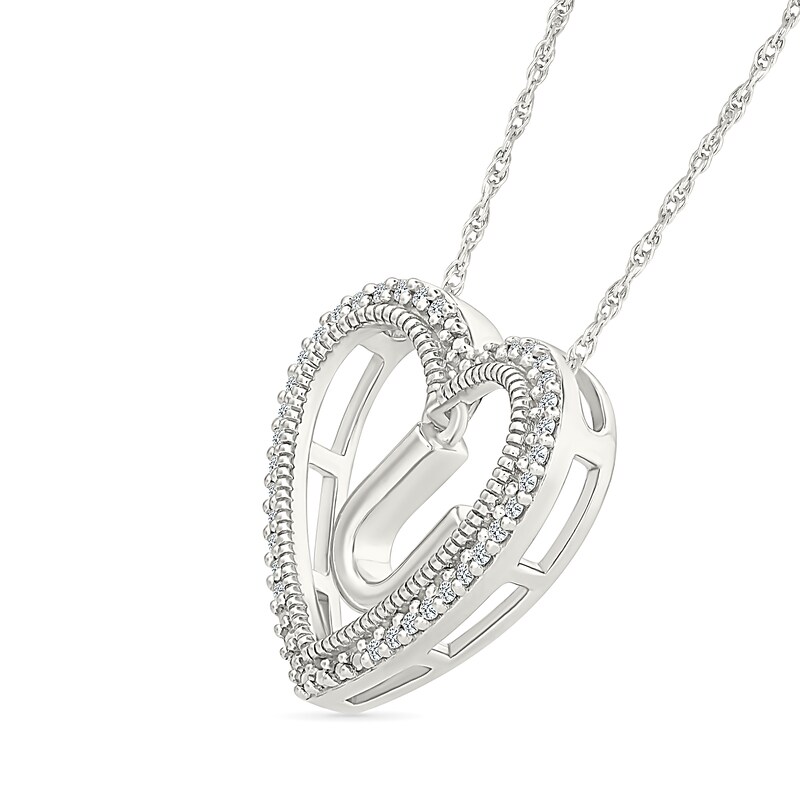 Main Image 2 of 0.085 CT. T.W. Diamond "U" Initial Dangle Heart Necklace in Sterling Silver