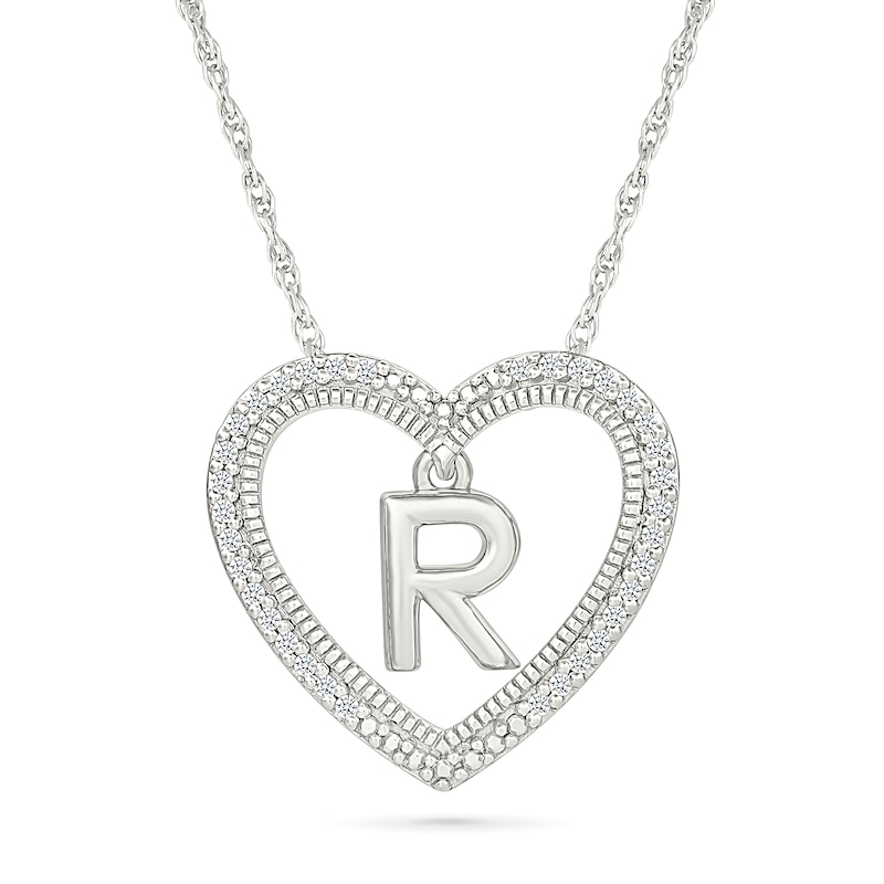 Main Image 1 of 0.085 CT. T.W. Diamond "R" Initial Dangle Heart Necklace in Sterling Silver