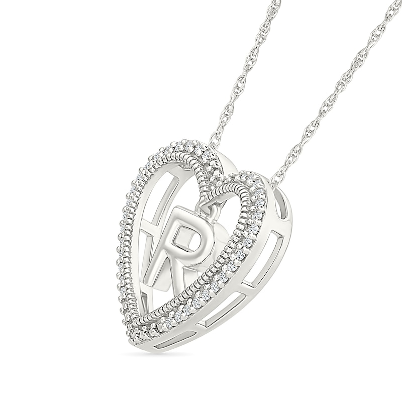 Main Image 2 of 0.085 CT. T.W. Diamond "R" Initial Dangle Heart Necklace in Sterling Silver