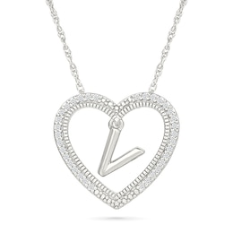 0.085 CT. T.W. Diamond "V" Initial Dangle Heart Necklace in Sterling Silver