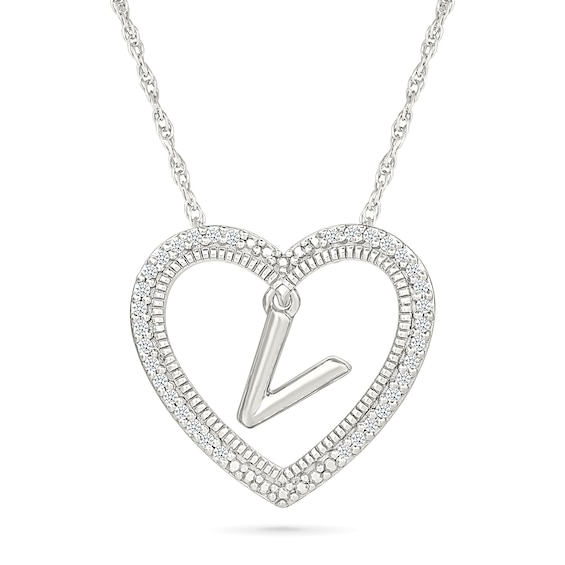 0.085 CT. T.W. Diamond "V" Initial Dangle Heart Necklace in Sterling Silver