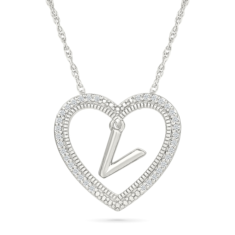 Main Image 1 of 0.085 CT. T.W. Diamond "V" Initial Dangle Heart Necklace in Sterling Silver