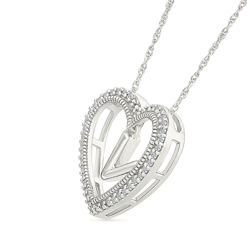 Main Image 2 of 0.085 CT. T.W. Diamond "V" Initial Dangle Heart Necklace in Sterling Silver
