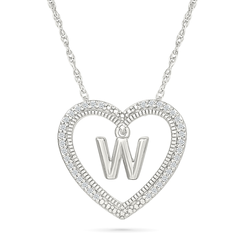 Main Image 1 of 0.085 CT. T.W. Diamond "W" Initial Dangle Heart Necklace in Sterling Silver