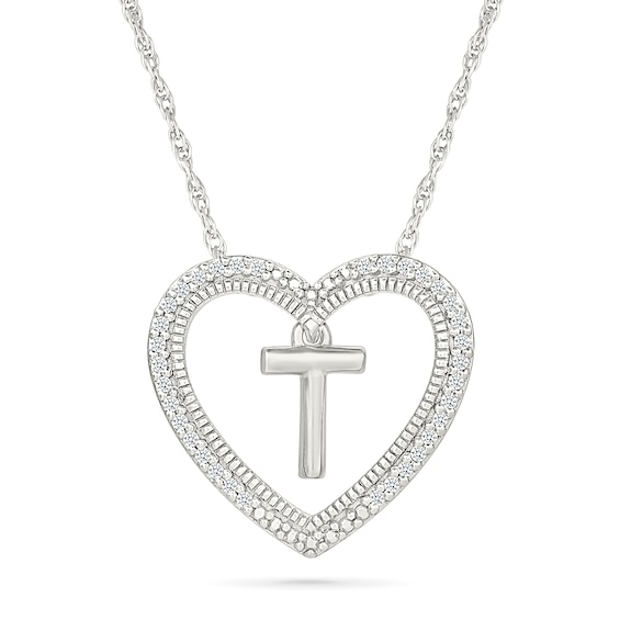 0.085 CT. T.W. Diamond "T" Initial Dangle Heart Necklace in Sterling Silver