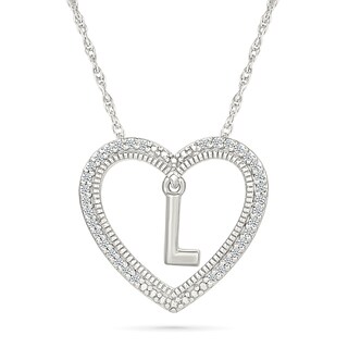0.085 CT. T.W. Diamond "L" Initial Dangle Heart Necklace in Sterling Silver