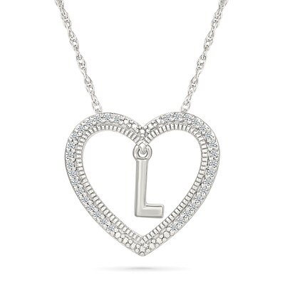 0.085 CT. T.W. Diamond "L" Initial Dangle Heart Necklace in Sterling Silver