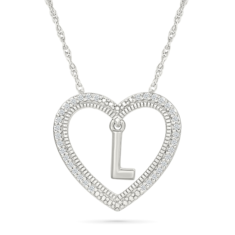 Main Image 1 of 0.085 CT. T.W. Diamond "L" Initial Dangle Heart Necklace in Sterling Silver