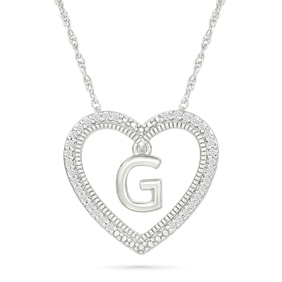 0.085 CT. T.W. Diamond "G" Initial Dangle Heart Necklace in Sterling Silver