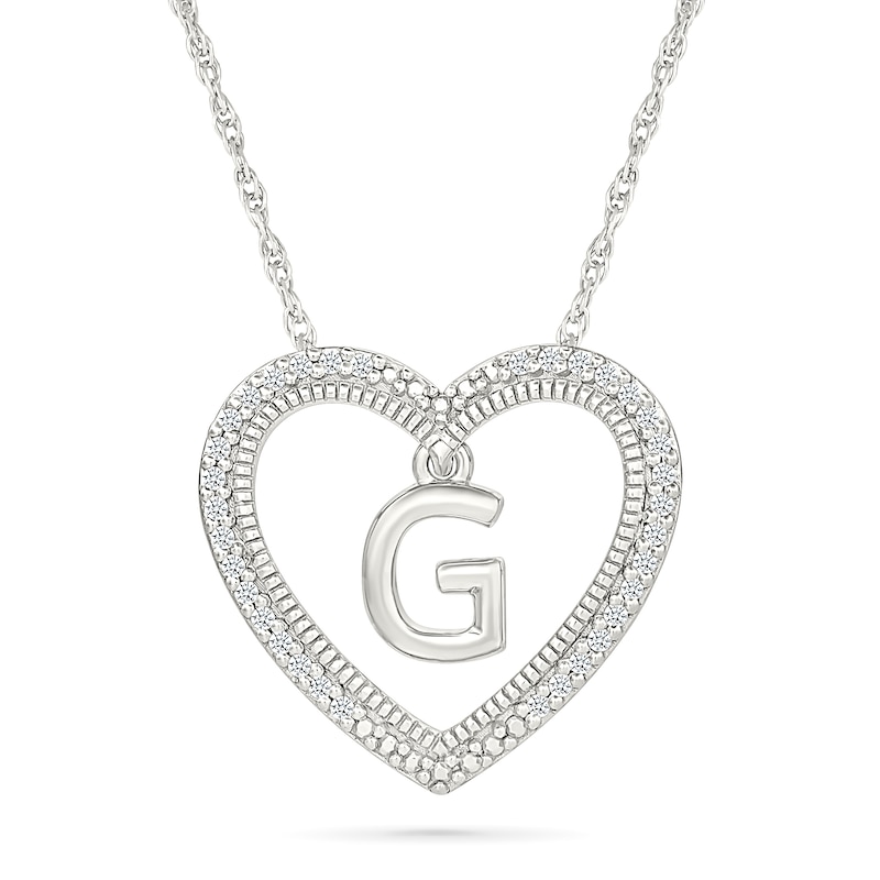 Main Image 1 of 0.085 CT. T.W. Diamond "G" Initial Dangle Heart Necklace in Sterling Silver