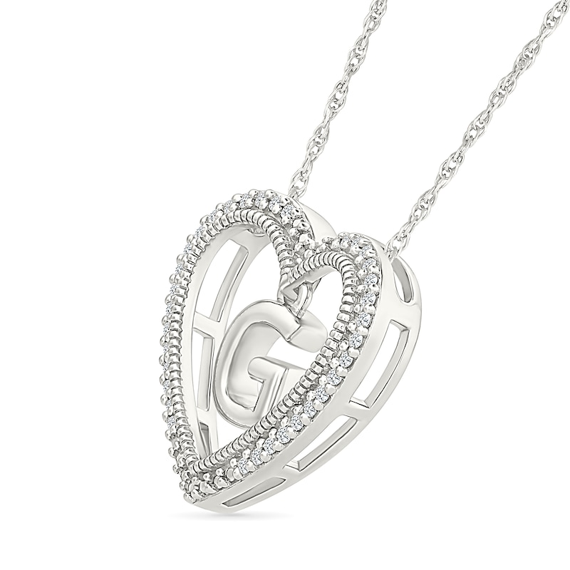 Main Image 2 of 0.085 CT. T.W. Diamond "G" Initial Dangle Heart Necklace in Sterling Silver
