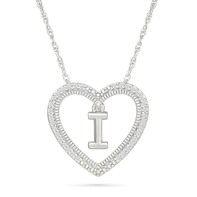 0.085 CT. T.W. Diamond "I" Initial Dangle Heart Necklace in Sterling Silver