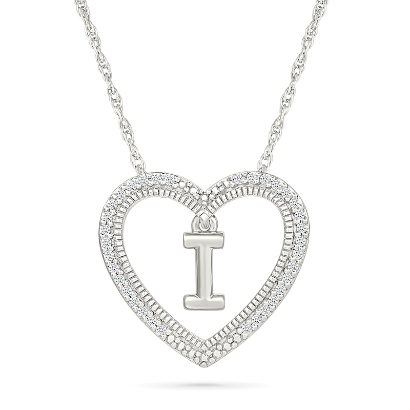 Main Image 1 of 0.085 CT. T.W. Diamond "I" Initial Dangle Heart Necklace in Sterling Silver