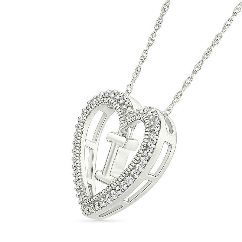 Main Image 2 of 0.085 CT. T.W. Diamond "I" Initial Dangle Heart Necklace in Sterling Silver