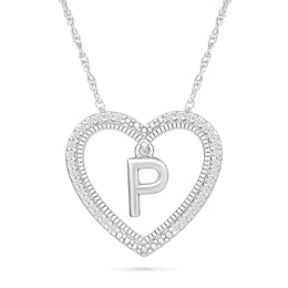 0.085 CT. T.W. Diamond "P" Initial Dangle Heart Necklace in Sterling Silver