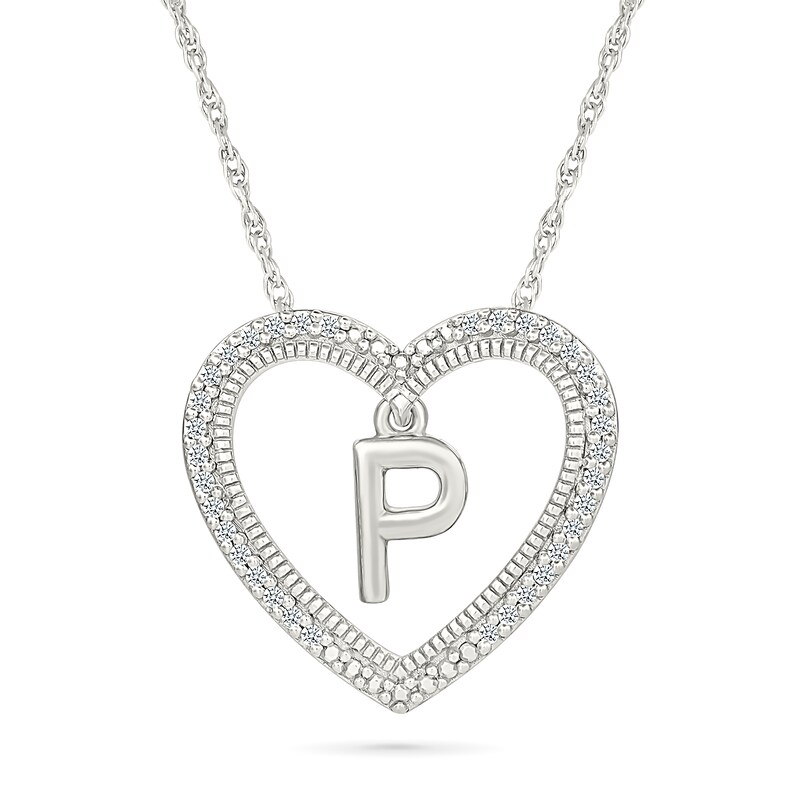 Main Image 1 of 0.085 CT. T.W. Diamond "P" Initial Dangle Heart Necklace in Sterling Silver