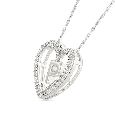 0.085 CT. T.W. Diamond "P" Initial Dangle Heart Necklace in Sterling Silver