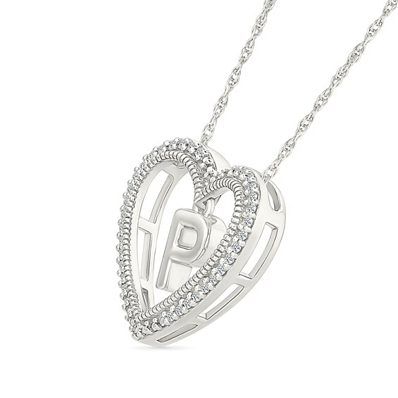 0.085 CT. T.W. Diamond "P" Initial Dangle Heart Necklace in Sterling Silver