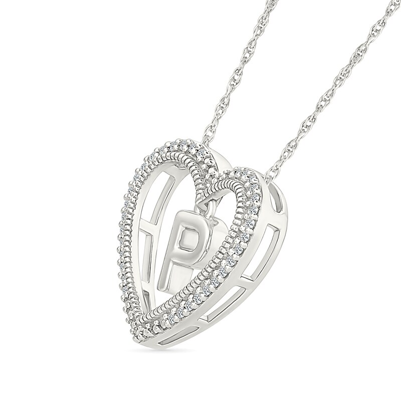 Main Image 2 of 0.085 CT. T.W. Diamond "P" Initial Dangle Heart Necklace in Sterling Silver