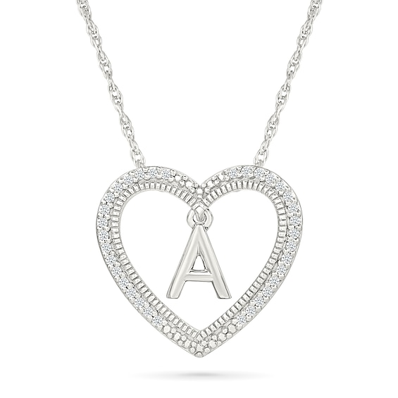 0.085 CT. T.W. Diamond "A" Initial Dangle Heart Necklace in Sterling Silver