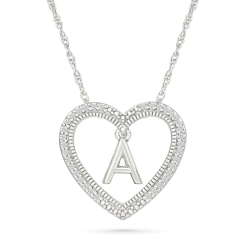 Main Image 1 of 0.085 CT. T.W. Diamond "A" Initial Dangle Heart Necklace in Sterling Silver