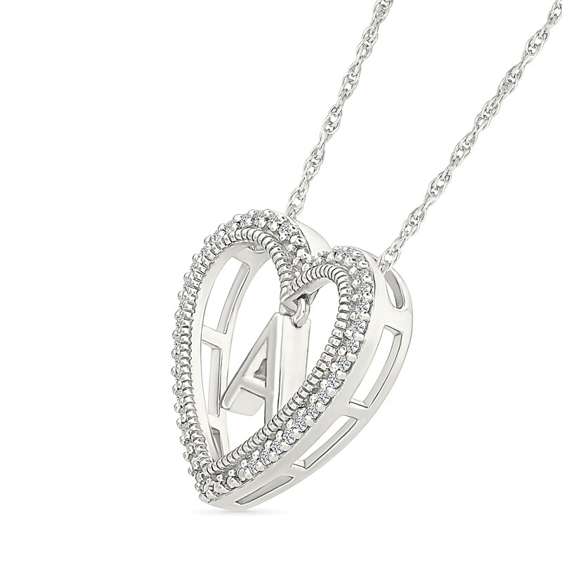 Main Image 2 of 0.085 CT. T.W. Diamond "A" Initial Dangle Heart Necklace in Sterling Silver