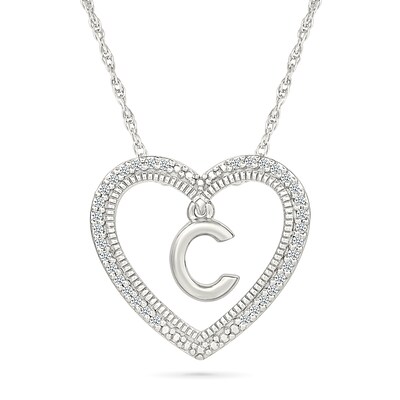 0.085 CT. T.W. Diamond "C" Initial Dangle Heart Necklace in Sterling Silver