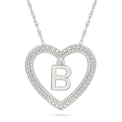 0.085 CT. T.W. Diamond "B" Initial Dangle Heart Necklace in Sterling Silver